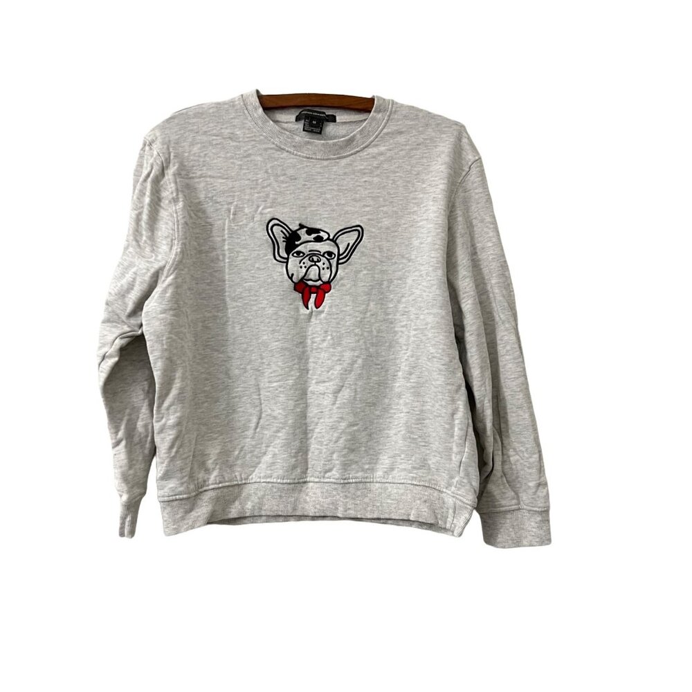 French Connection Womens Embroidered Frenchie Dog Front Pullover Sweatshirt M